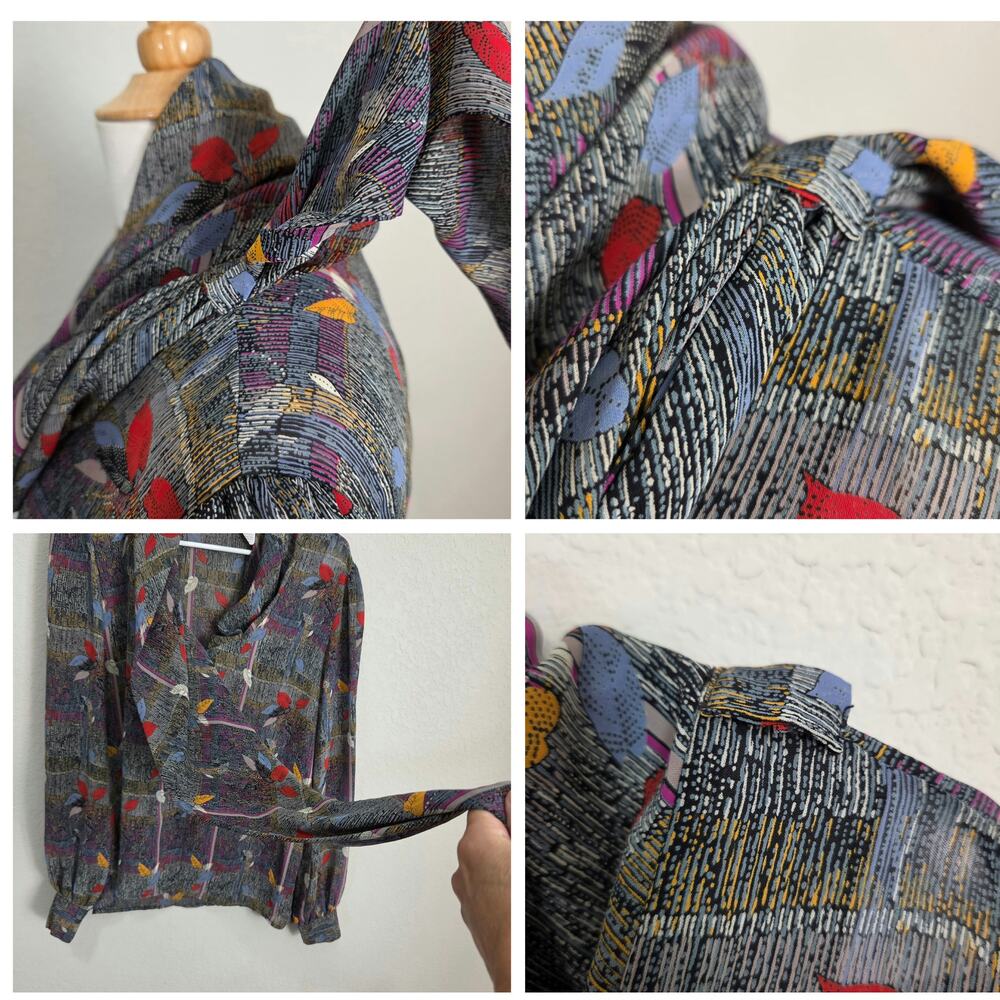 Vintage 80s Blouse Alexandria Womens Large Office Dressy Puff Shoulder Cowl Neck - Picture 6 of 15